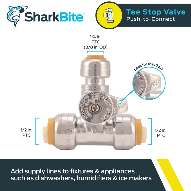 SharkBite 1/2 x 1/2 x 1/4 Inch Compression Tee Stop Valve, Push-to-Connect Chrome Brass Plumbing Fitting, 24987A - Image 2